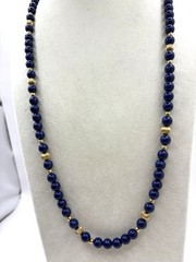 Navy Blue & Gold Tone Beaded Necklace W/ Speckles VTG