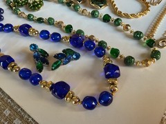 Vintage Blue/Green/Gold Jewelry Mix Lot Earrings Necklace RS Beads Glass Enamel