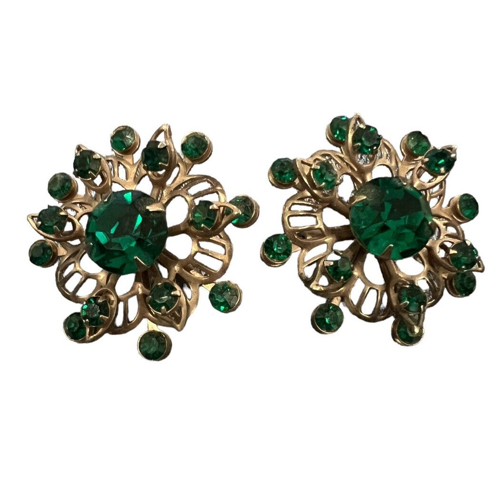 Rhinestone Faux Emerald Ruby Flower Gold Tone BROOCH Pin Vtg Jewelry Set Of 2