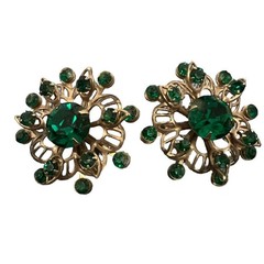 Rhinestone Faux Emerald Ruby Flower Gold Tone BROOCH Pin Vtg Jewelry Set Of 2