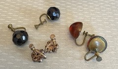 Lot 3 Pair Antique Vintage Brass Screw Back Earrings Faux Jet Amber Rhinestone