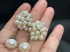 SALE ! Vintage Estate white gold plated Floral Freshwater Pearl 10mm earrings