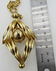 Vintage High End Gold Tone Cage Dangle Ball Bead Pendant 28″ Chain Necklace A1