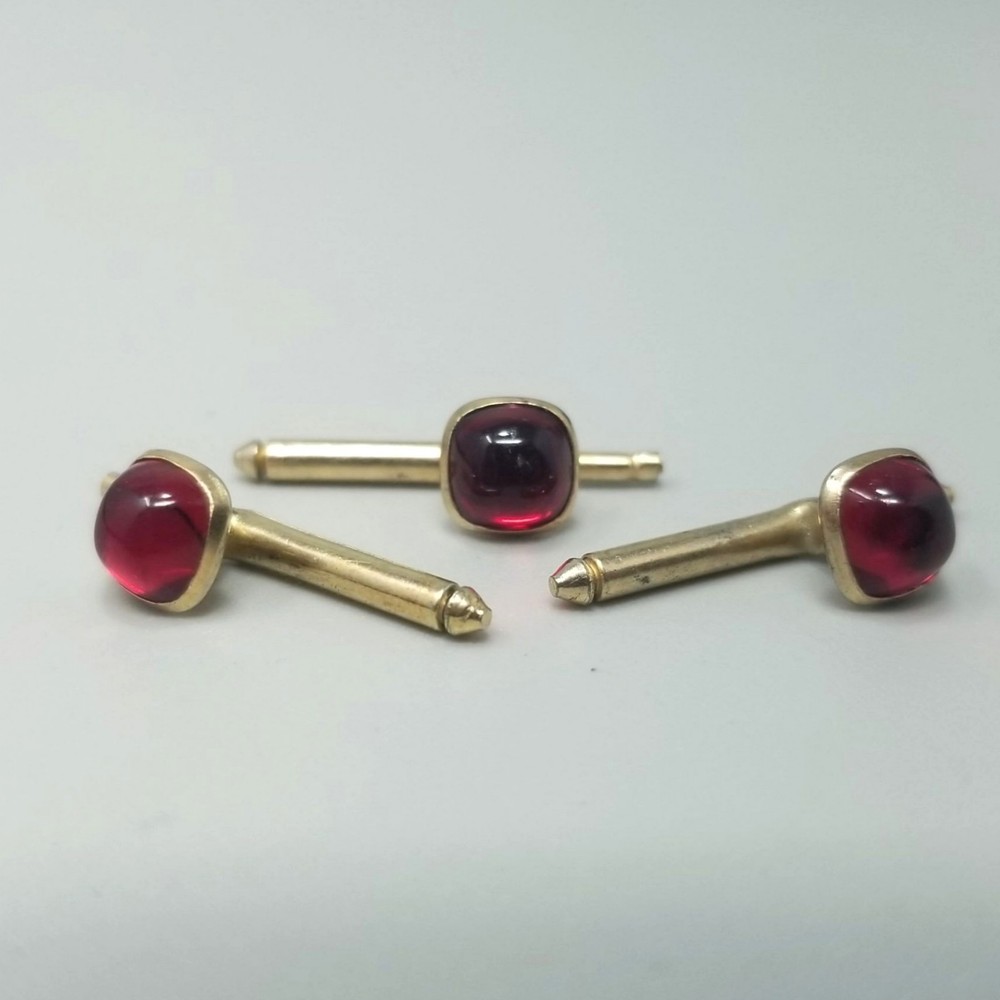 Vintage Red Glass Cabochon Tuxedo Stud Buttons Gold Tone Set of 3