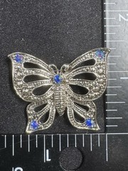 AAi Silvertone Butterfly Brooch/Pin Blue Rhinestones 1.5″ Vintage