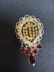 Vintage Gold Tone Red And Pink Dangling Lace Border Brooch