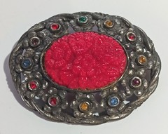 Vintage Dark Silver-tone Open Oval Brooch w/ Carved Glass? Floral Centerpiece