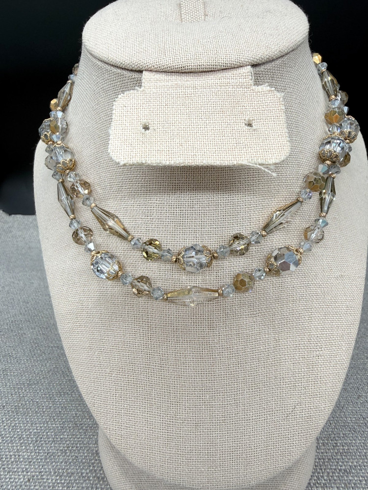 Vintage Necklace Faceted Crystal Gray Beads Gold Tone Accents Adjustable Length