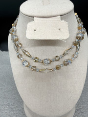 Vintage Necklace Faceted Crystal Gray Beads Gold Tone Accents Adjustable Length