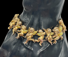 VTG Gold-tone Angels Cherubs Iridescent wings Slide charm bracelet 7.5″