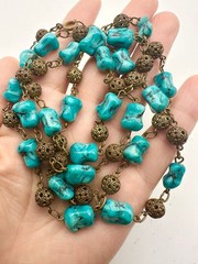 Vintage Czech turquoise art glass beaded necklace 32.5”
