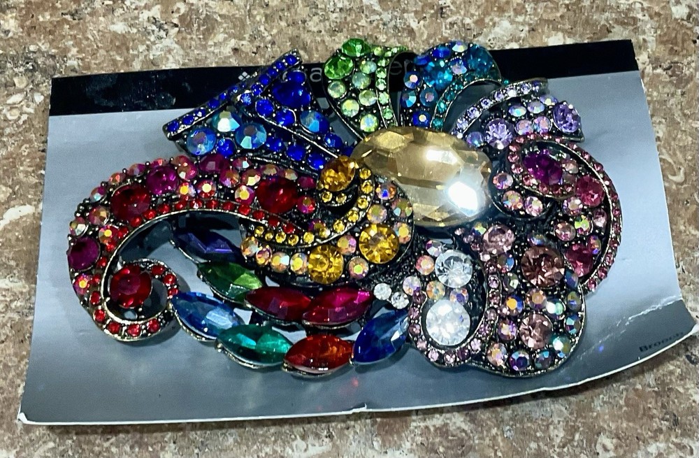Metal Gallery Ribbon Brooch Pin Multi Colored Stones New