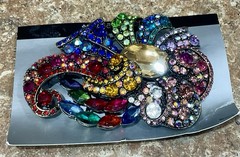 Metal Gallery Ribbon Brooch Pin Multi Colored Stones New