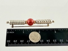 Vintage NR Signed Sterling Silver and 14kt Gold Carnelian Bead Bar Brooch Pin