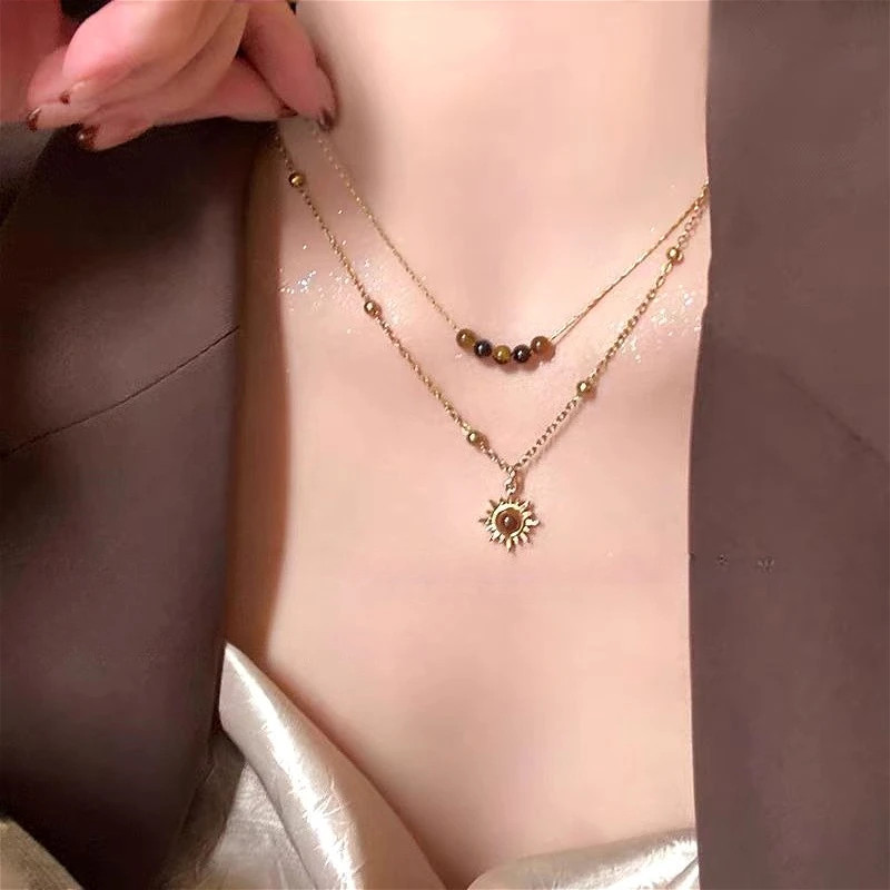 Vintage Leather Brown Stone Pendant Necklace Women’s Retro Stacking Choker