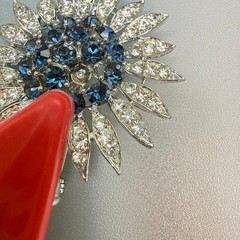 Vintage Lisner Sunflower Rhinestone Brooch Blue White Rhinestones Signed READ