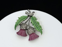 Vintage Scottish Thistle Pot Metal Enamel & Marcasite Flower Brooch Pin