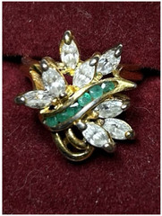Vtg Sz 5.5 Green Emerald w/White Colorless Marquise Shape CZ Stones Cluster Ring