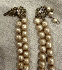 Vtg DeMARIO NY Faux Pearl Rhinestone Double Strand Choker Necklace 13.5-14.5”