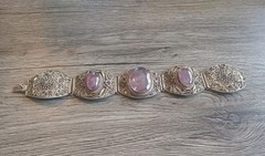 Antique Silvertone Filigree Amethyst Glass Stone 7″ Bracelet