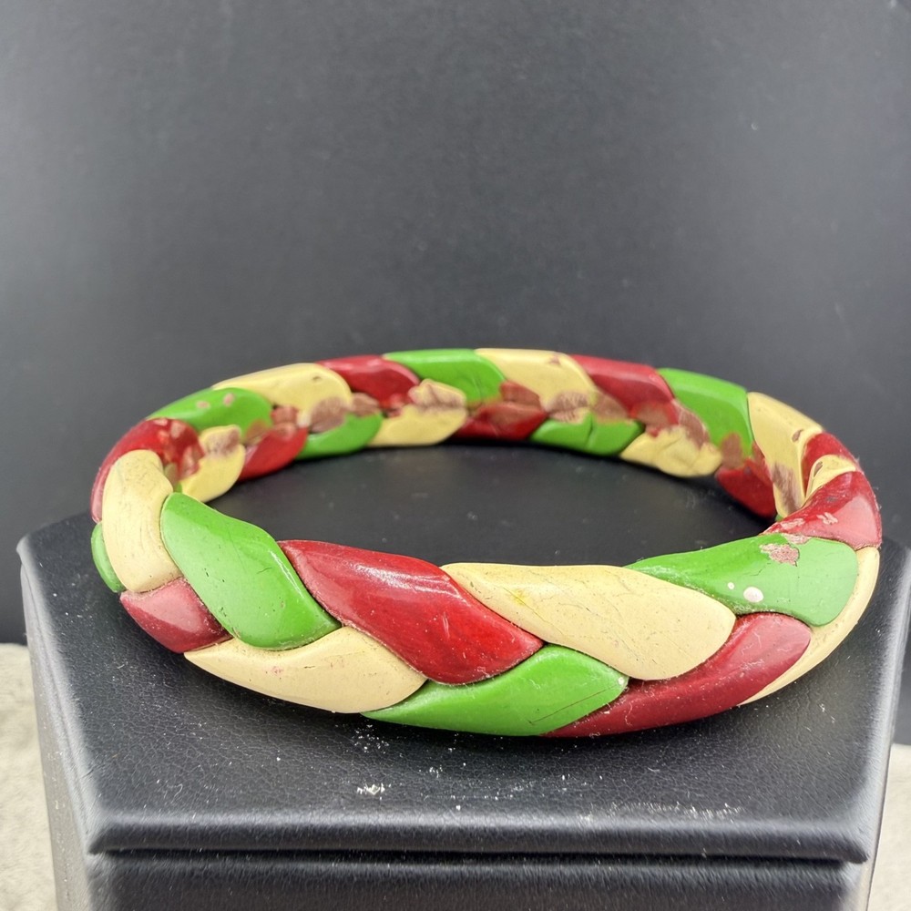 Vintage Artisan Bangle Bracelet Braided Polymer Clay Christmas 8”