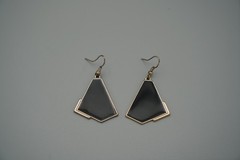 Vintage Geometric Black/Silver Tone Set-Enamel Earrings-Glass Onyx Bracelet