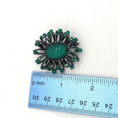 Vintage Austria Green Rhinestone Cabochon Sunburst Brooch Gunmetal Tone 1.5in