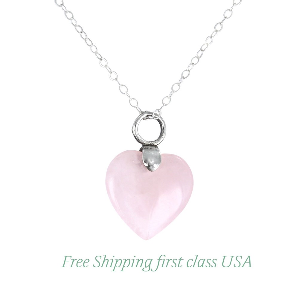 Natural Rose Quartz Heart Shaped Pendant Charm Sterling Silver Chain Necklace