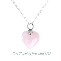 Natural Rose Quartz Heart Shaped Pendant Charm Sterling Silver Chain Necklace