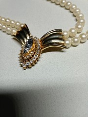 Vintage 2 Strand Faux Pearl Choker Necklace Art Deco Gold Crystal Rhinestone Bow