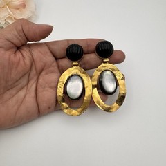 Vintage Nicolas Frangos Gold Tone Mother Of Pear Black Resin Dome Earrings