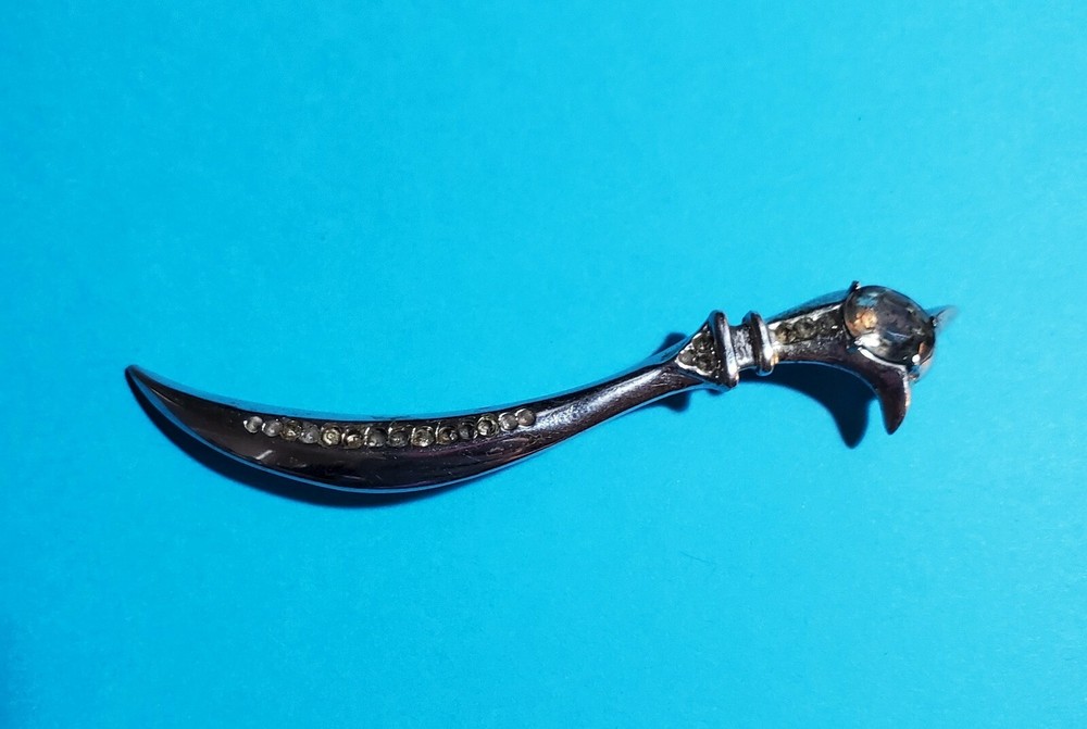 Vintage Sterling Silver Sword Scimitar Pin Brooch Clear Stones Large 3.5 Inches