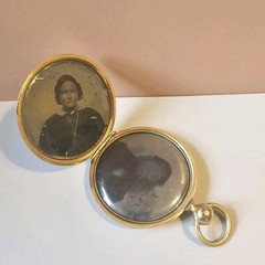 Victorian Mourning Locket Gold-Filled 2 Tintype Photos c1860 Antique Pendant