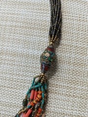 Vintage Tibet/Nepal Inlaid Turquoise Coral Brass Beaded Necklace Multi-Strand