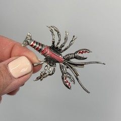 Vintage Spain Lobster Brooch Red Enamel Silver Tone Figural Crayfish Pin