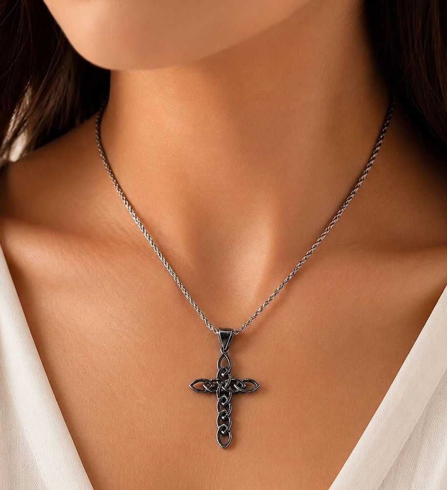 Sterling Silver Celtic Cross Pendant – Metallic Black Textured Necklace