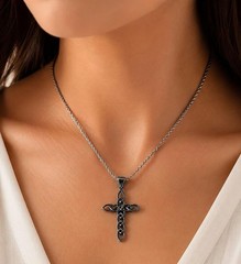 Sterling Silver Celtic Cross Pendant – Metallic Black Textured Necklace