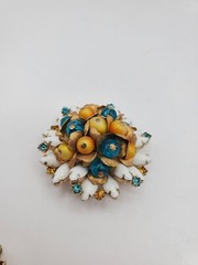 Vintage Jewlery Brooch Earring Set Clip On Gold Blue Beads Women Accessory