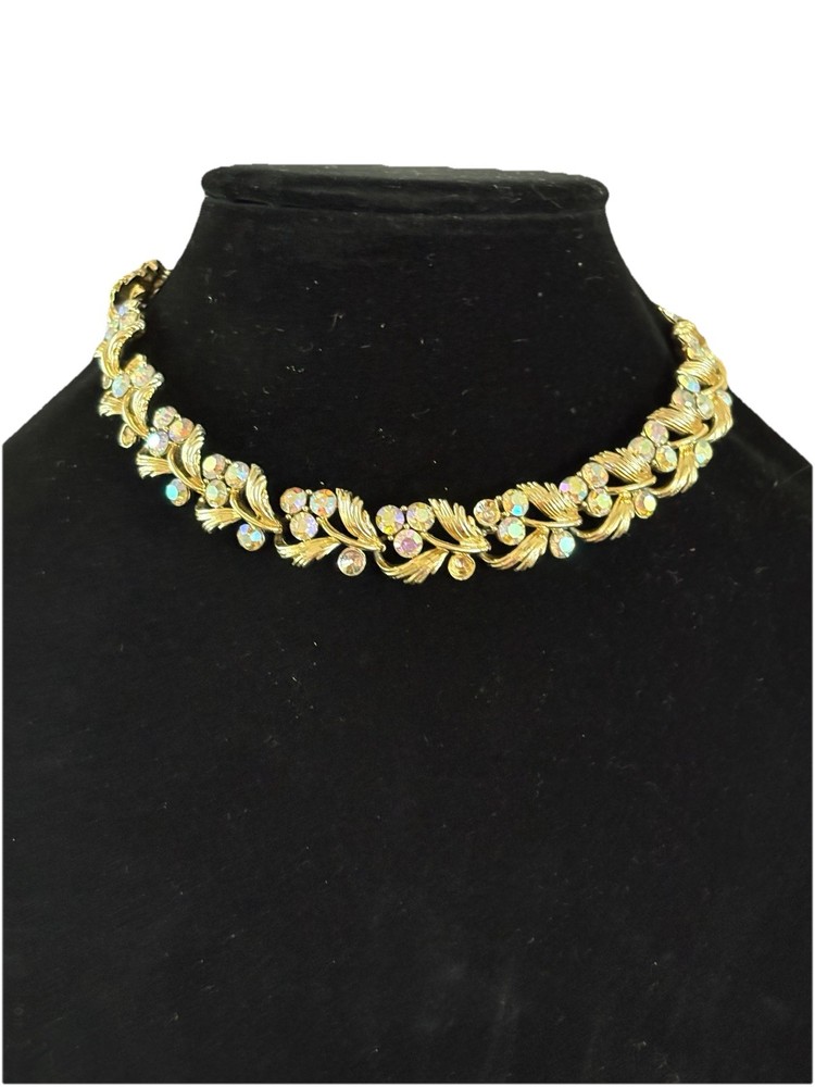Vintage Lisner Aurora Borealis Necklace 16” Gold Tone Choker 1960s READ