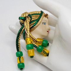 Lady Face Hand Painted Resin Braided Bead Long Hair Art Deco Revival Brooch Pin