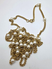Vintage Gold Tone White Faux Pearl Station Necklace 53 In Long Cable Chain