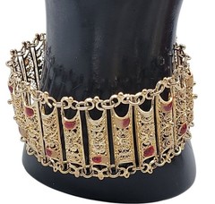 Vintage Italian 800 Silver Gold Plated Filigree Panel Bracelet 7.25″ Red Enamel