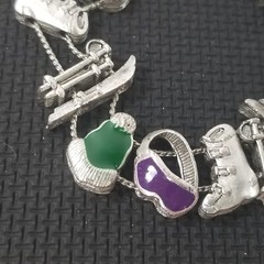Double Chain Victorian Slide Charm Bracelet Goldette Style Unsigned Ski Skiing