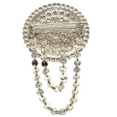 Silver Tone Domed Round Floral Brooch With Dangle Chains Vintage 1.6in W