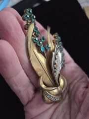 Large Vintage Pot Metal Flower Brooch Pin 3.75″ Clear Turquoise Stones One Repl