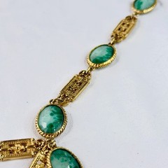 Vintage Accessocraft NYC Gold Tone Green Slag Glass Link Necklace 30” Pat Pend