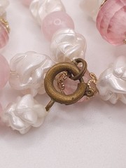 Mid Century Pink White Molded Flower Bead Garden Party Necklace Long Strand