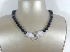 VTG 2 PANTHER HEAD KNOTTED BLACK ONYX WHITE SPINEL RUBY RHODIUM PLATED NECKLACE