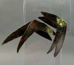 Vtg 1970s Brutalist Copper Brass Layered Wing Stud Earrings Modernist Studio Art