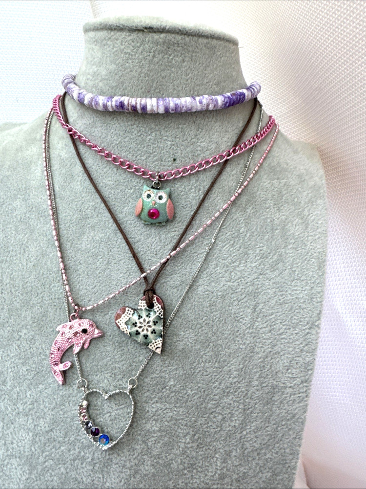 5 Necklaces LOT Girly long heart Y2K 1990s 2000s pink colorful jewelry costume